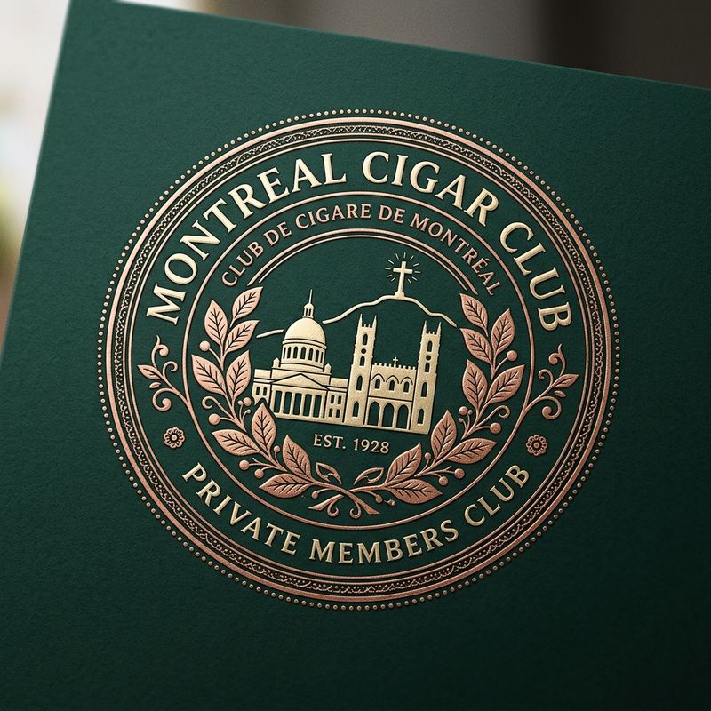 Emerald heritage seal with Mount Royal and Notre-Dame silhouette